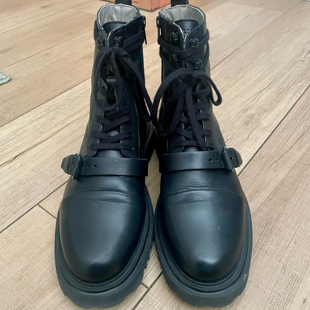 AllSaints Black Leather Lace-Up Buckle Combat Boots